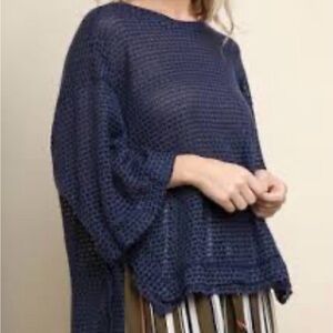 umgee navy blue waffle knit oversized short sleeve top raw hem size large